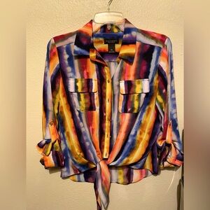 Investment Petites Brand Multi-Color Tie Blouse. Size Petite Small